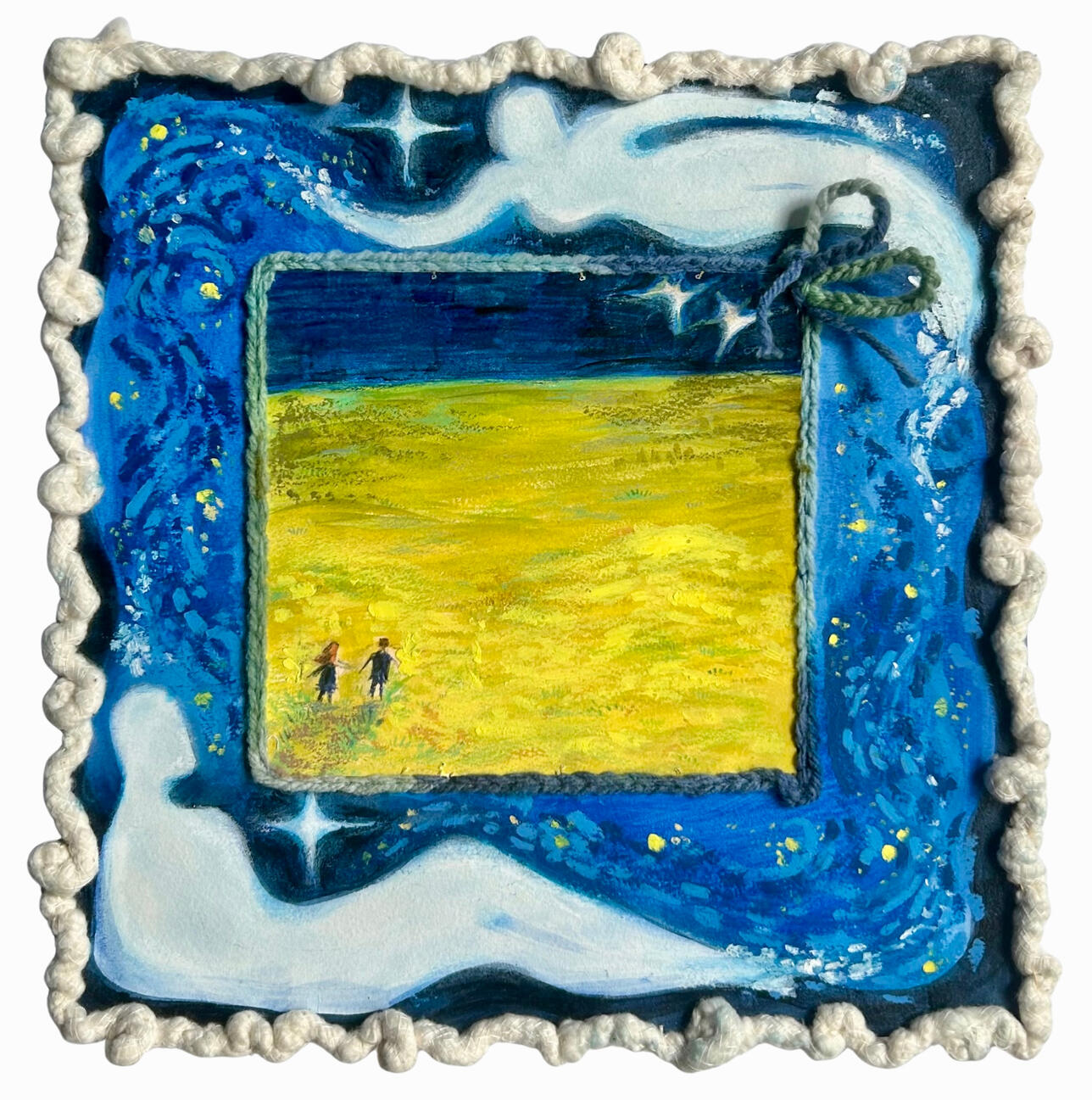 Divine Love, oil pastel, color pencil, yarn (2024)